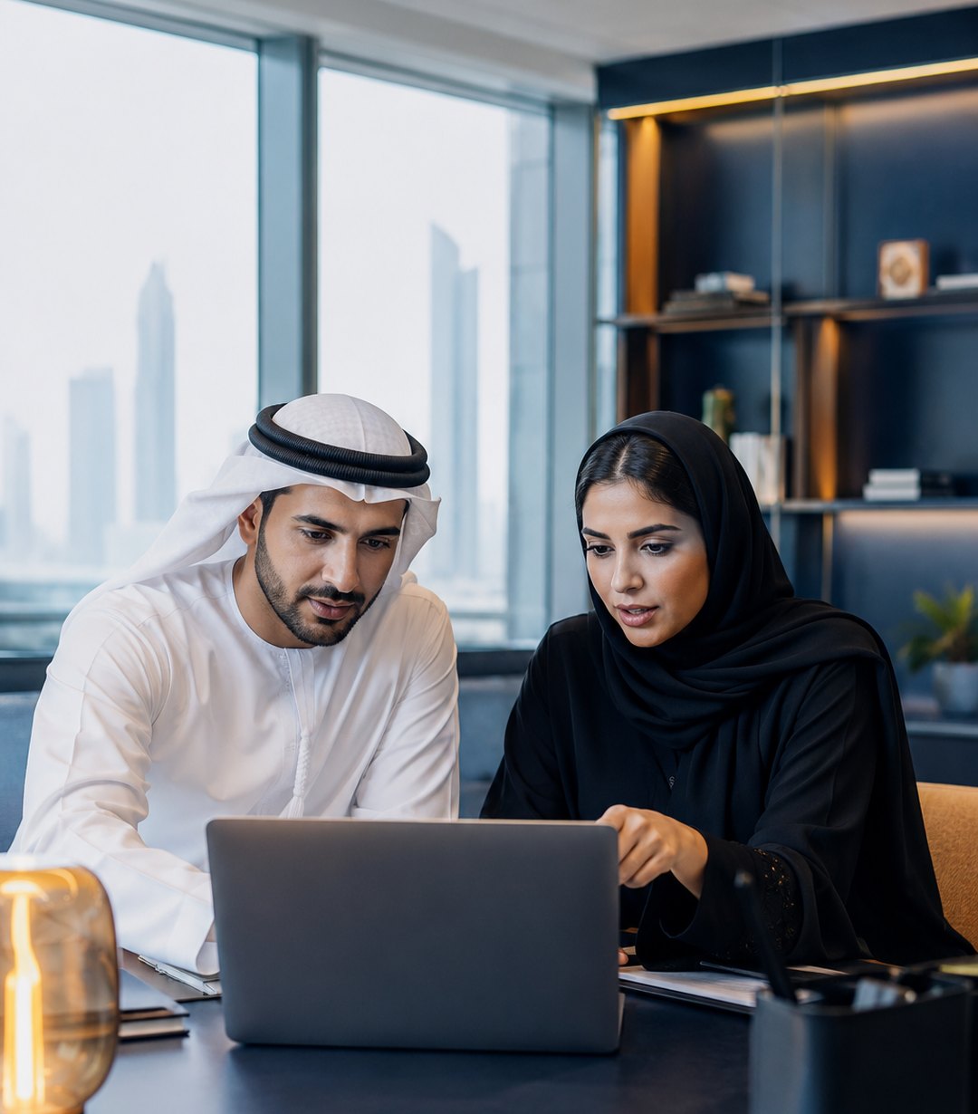 Emirati professionals collaborating in a modern UAE office